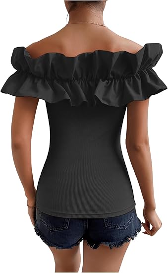 OYOANGLE Women's Ruffle Trim Off Shoulder Short Sleeve